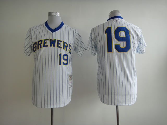 Men Milwaukee Brewers #19 Yount White Stripe MLB Jerseys->milwaukee brewers->MLB Jersey